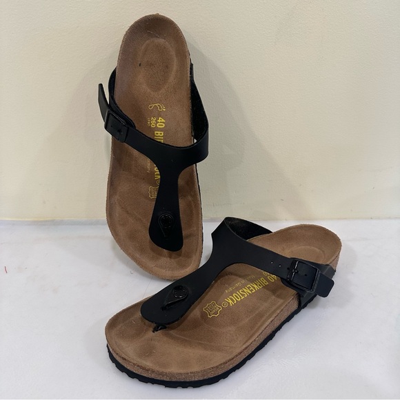 Birkenstock Gizeh Thong Toe Black Leather Sandals Size EU 40 US 9 Regular - Picture 1 of 14